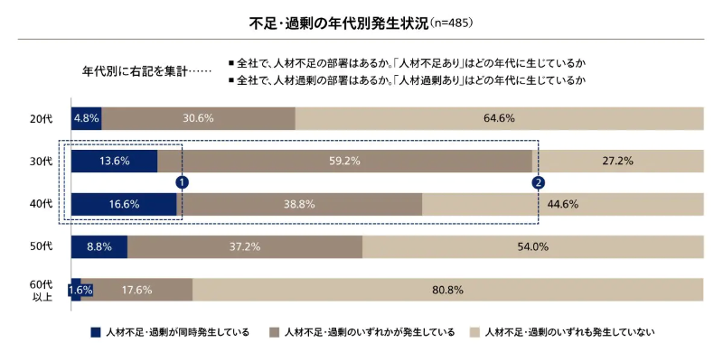 人材不足と過剰の年代別発生状況