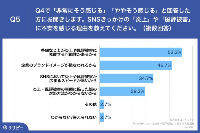 「Q5.SNSきっかけの「炎上」や「風評被害」に不安を感じる理由を教えてください。(複数回答)」 ・些細なことが炎上や風評被害に発展する可能性があるから:53.3% ・企業のブランドイメージが損なわれるから:46.7% ・SNSにおいて炎上や風評被害が広まるスピードが早いから:34.7% ・炎上・風評被害の事態に陥った際の対処方法がわからないから:29.3% ・その他:2.7% ・わからない/答えられない:2.7%